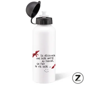 White plastic sports bottle with a black flip-cap; features a red ribbon and French message about friendship at work.
