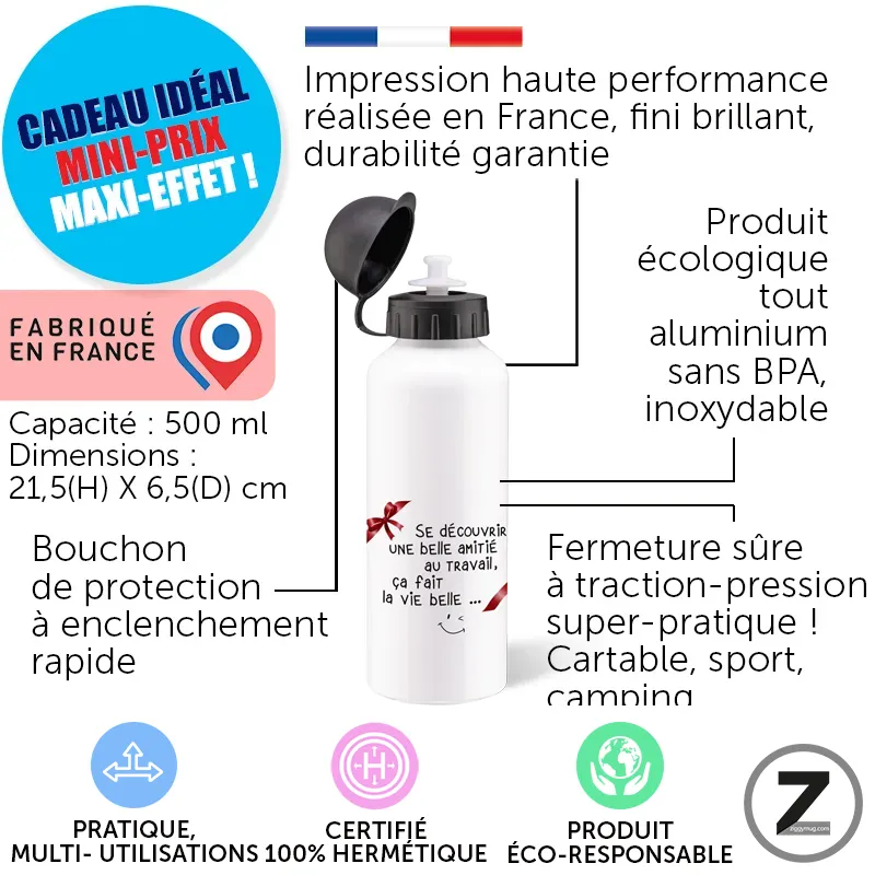 Infographie montrant une gourde blanche en aluminium avec bouchon, texte sur performance élevée et fabrication française (France flagté).