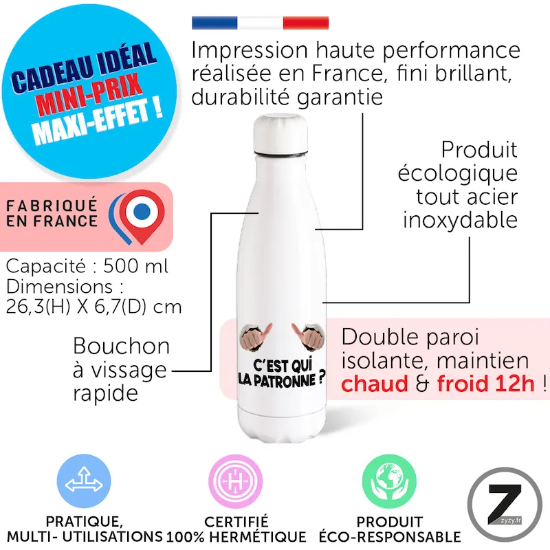 C'est qui la patronne, cadeau sympa, cadeau original, cadeau marrant, gourde isotherme, retraite, cadeau pas cher, anniversaire, cadeau rigolo.