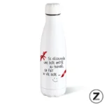 White bottle with a red ribbon graphic and French text about discovering a beautiful friendship at work, plus a smiley face.