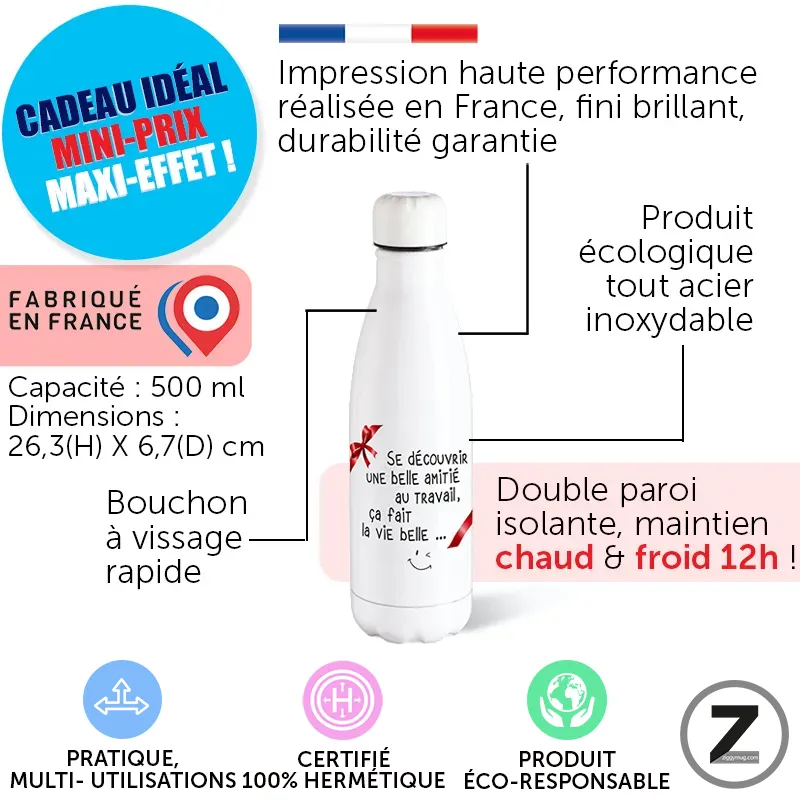 Infographic publicitaire pour une bouteille isotherme française, avec logos « Fabriqué en France » et points clés (12h chaud/froid, double paroi, bouchon à vissage rapide).