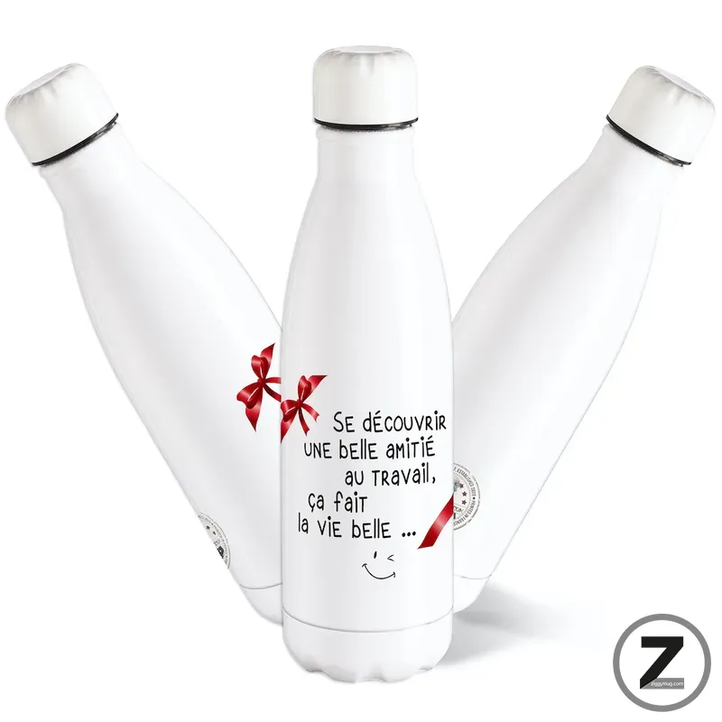Three white bottles arranged in a fan shape, with the center bottle featuring a French quote and a small smiley face.
