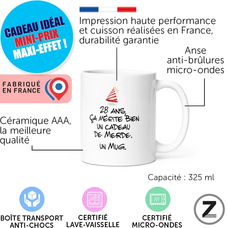 Promotional collage of a white mug with a handwritten joke text; labels note 325 ml capacity, high‑quality ceramic, microwave‑ and anti‑burn handle, and ‘Made in France’ badges.