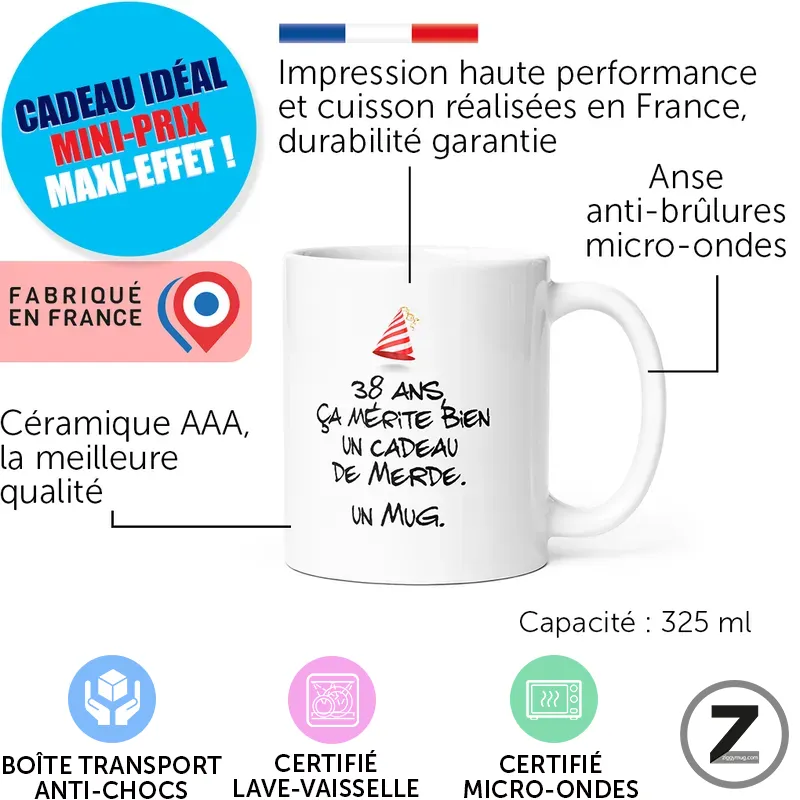 Infographic of a white ceramic mug with humorous text and labels: 325 ml capacity, microwave-safe, anti-burn handle, dishwasher-safe certification, AAA ceramic quality, made in France, with France flag and transport box icons.