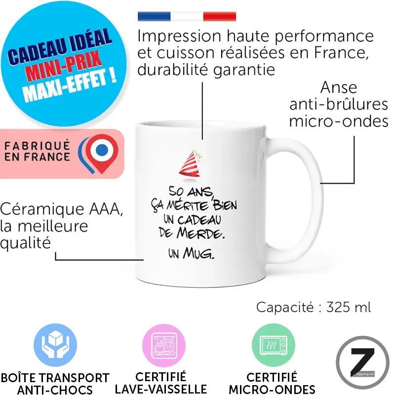 Infographic of a white mug detailing features: 325 ml capacity, Made in France ceramic, microwave-safe, anti-burn coating, gift appeal