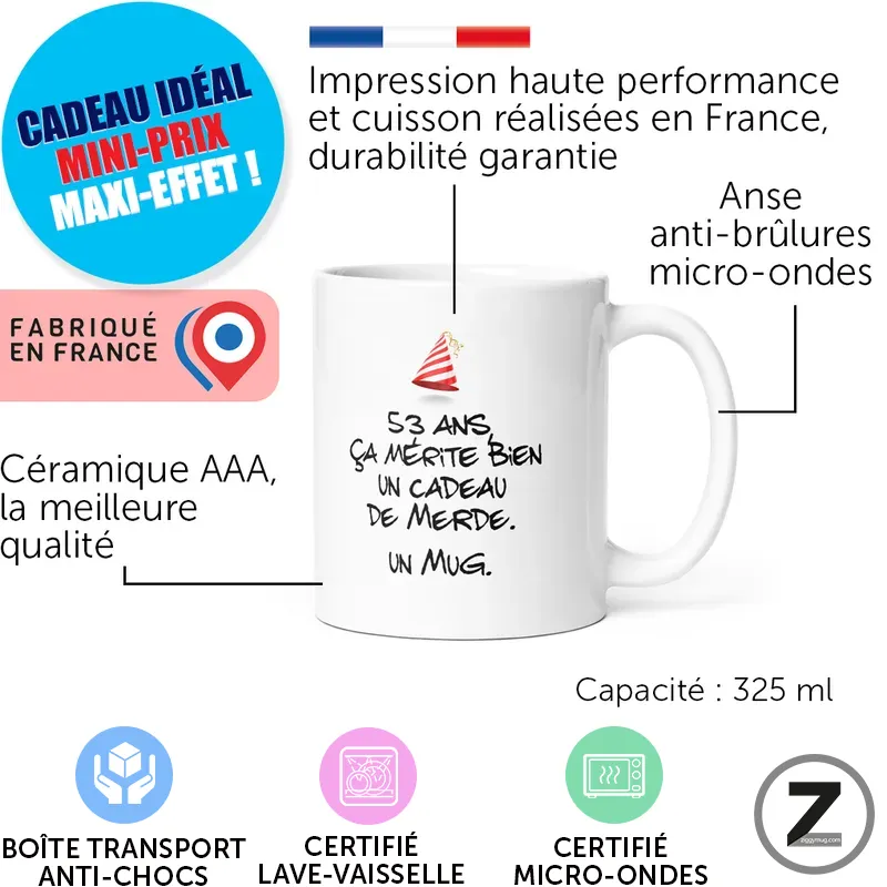 Promotional graphic for a white ceramic mug with a humorous French slogan and a 325 ml capacity, labeled ‘Fabriqué en France’ with blue badge and pink tag.