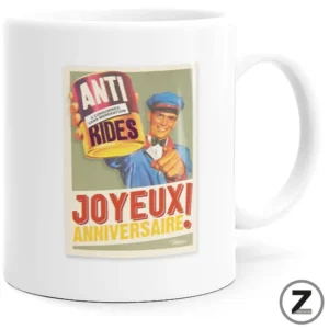 Mug anniversaire anti-rides blanc avec message « Anti-rides – Joyeux anniversaire. »