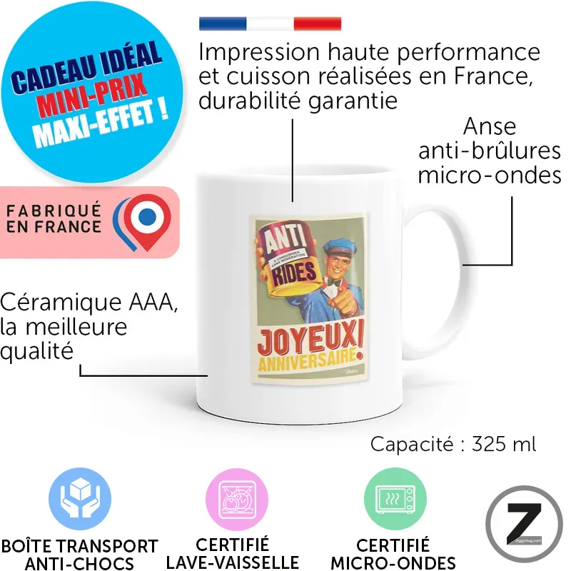 Mug anniversaire anti-rides avec caractéristiques du mug 325 ml