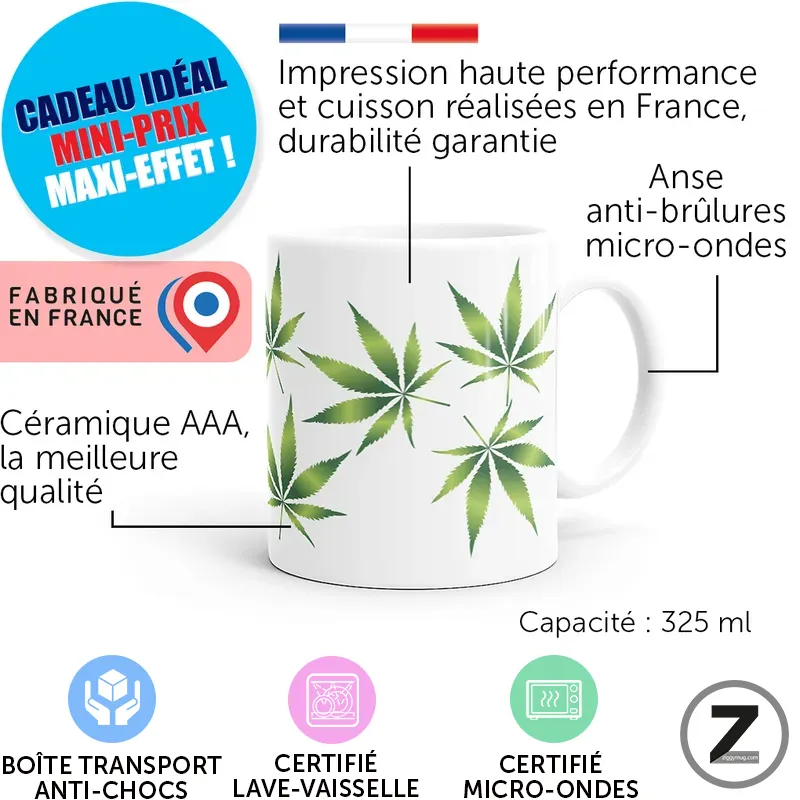 Mug cannabis décoré de feuilles de cannabis, mug feuille de cannabis, tasse feuille de cannabis