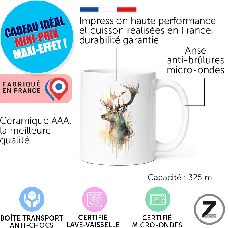 White ceramic mug with a watercolor deer illustration; features: made in France, 325 ml capacity, dishwasher and microwave safe, anti-burn handle.