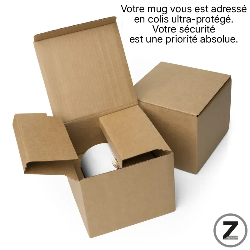 Open cardboard box with packing material; two other boxes nearby, French text promotes ultra-protected shipping and security as a priority; Z-brand logo bottom-right.
