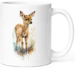 White mug featuring a watercolor illustration of a fawn standing in tall grasses.