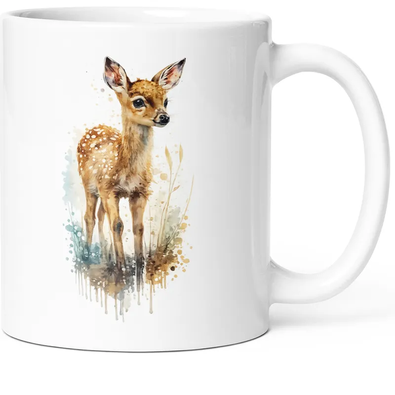 White mug featuring a watercolor illustration of a fawn standing in tall grasses.