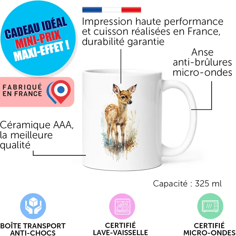 Mug blanc avec dessin de cerf et étiquettes “Fabriqué en France”; capacité 325 ml et pictogrammes de transport, lave-vaisselle et micro-ondes.