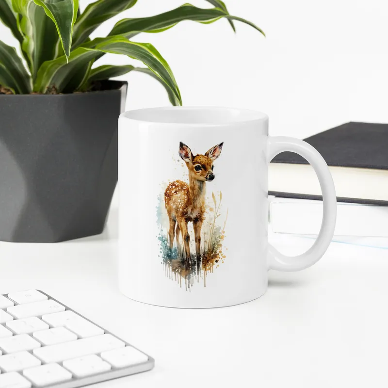 White ceramic mug with a watercolor fawn illustration on a desk by a plant and keyboard/books in the background.