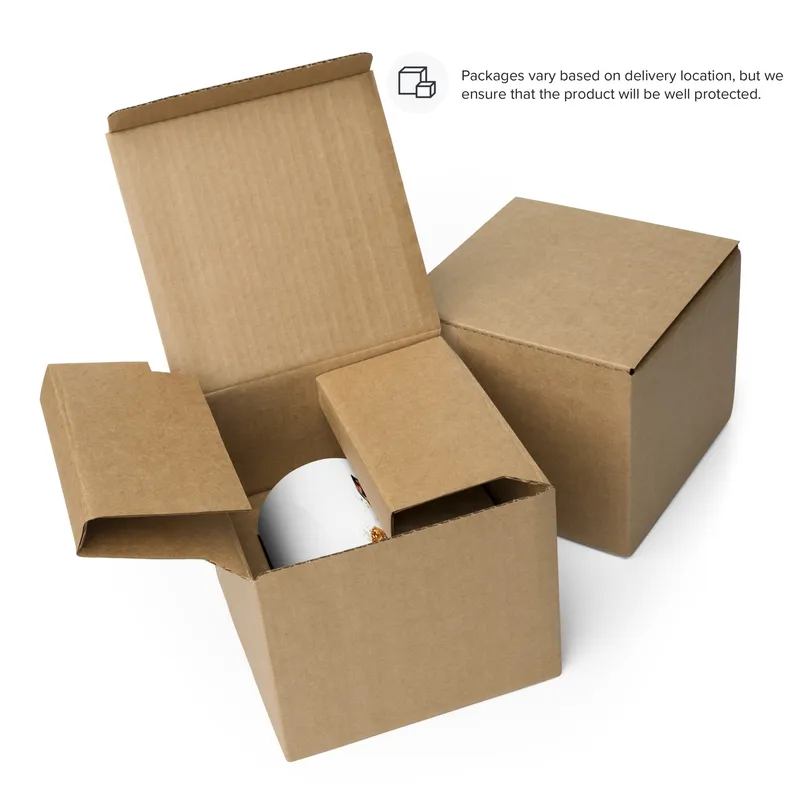 Open cardboard box with flaps, a white cylindrical item partly visible inside, with two closed boxes nearby.