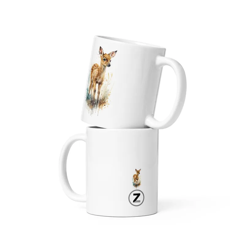White ceramic mug with watercolor deer illustration, stacked with another mug showing a small deer and a circular Z logo at the bottom.