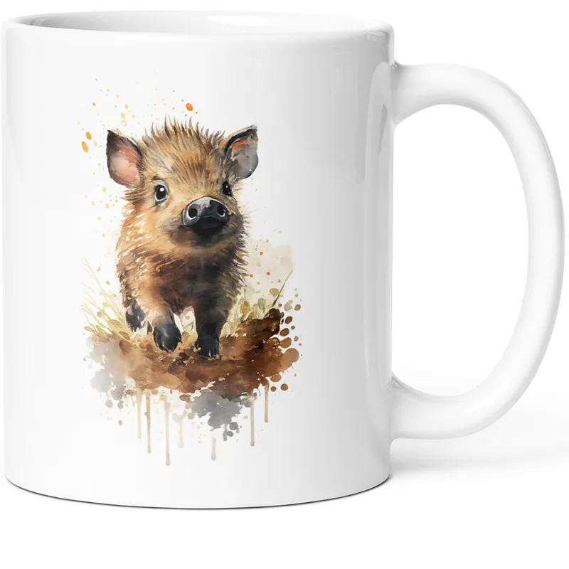 Watercolor piglet illustration printed on a white ceramic mug, standing in a muddy patch with splashes of paint around it