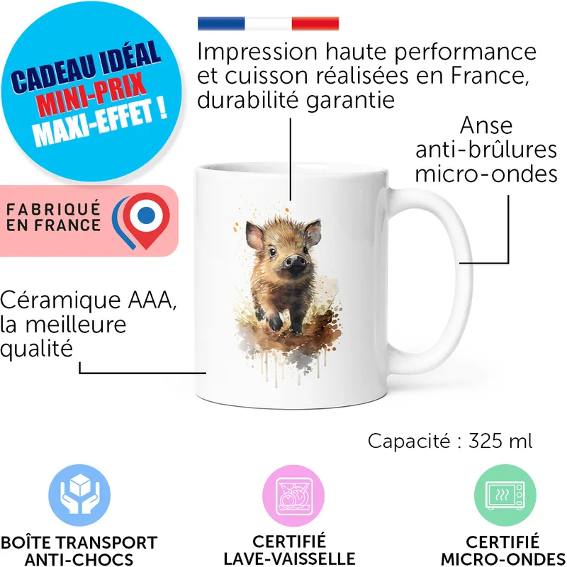 Mug blanc avec dessin d'un petit sanglier, légendes en français sur les caractéristiques du produit et logo Made in France, capacité 325 ml, décor attrayant.