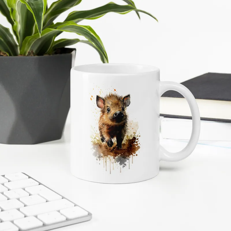 White mug featuring a watercolor illustration of a piglet standing in mud on a white desk setup with a plant nearby.