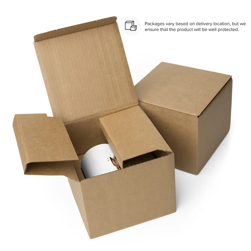 Assorted brown cardboard boxes, some opened, on a white background; a note says packages vary by delivery location but will be well protected.