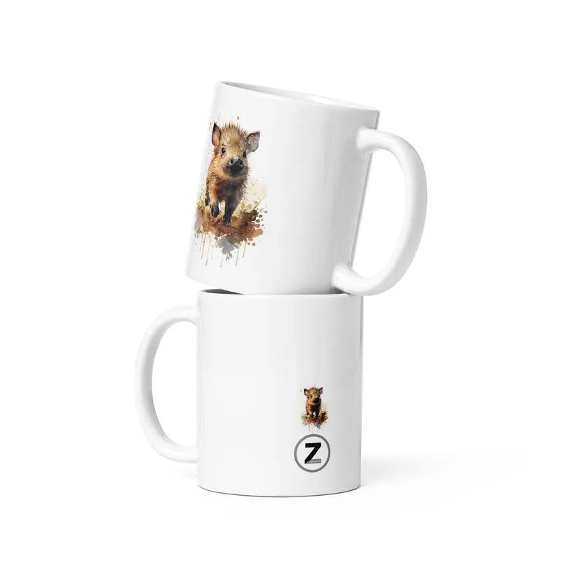 Two white ceramic mugs stacked, one with a watercolor-style brown dog illustration and the other showing a small dog and a circular Z logo on the bottom mug