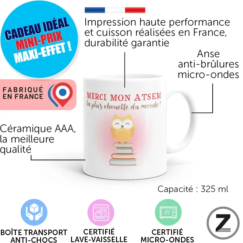 Promotional infographic for a white ceramic mug with an owl on books and French feature labels, including capacity 325 ml and Made in France badge.