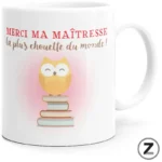 Mug with red French text 'MERCI MA MAÎTRESSE la plus chouette du monde' and a cute owl on a stack of books with a pink glow.