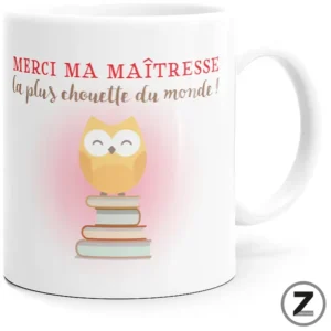 Mug with red French text 'MERCI MA MAÎTRESSE la plus chouette du monde' and a cute owl on a stack of books with a pink glow.