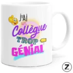 White ceramic mug featuring a colorful graphic with the French phrase “j'ai un collège trop génial” and a thumbs-up emoji, left-aligned design