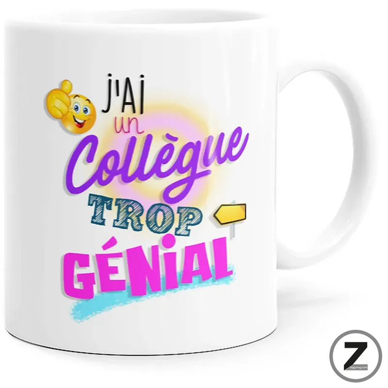 White ceramic mug featuring a colorful graphic with the French phrase “j'ai un collège trop génial” and a thumbs-up emoji, left-aligned design