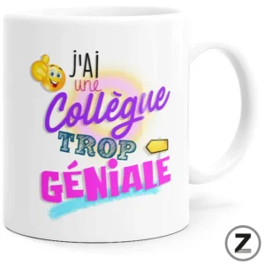 White mug featuring a colorful, playful French phrase: 'J'ai une Collège TROP GENIALE' with a thumbs-up emoji and a pastel yellow-to-pink background.