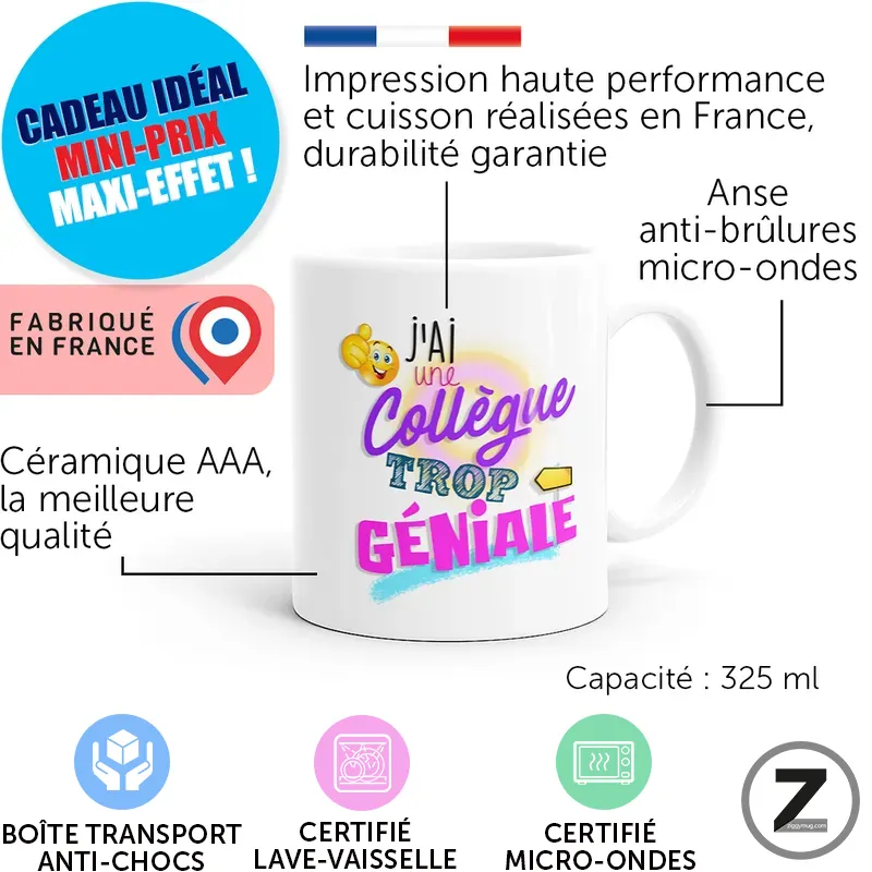 Mug blanc avec texte 'J'ai une collègue trop géniale', 325 ml, décoré d'un badge coloré à gauche et badges de certification en bas.