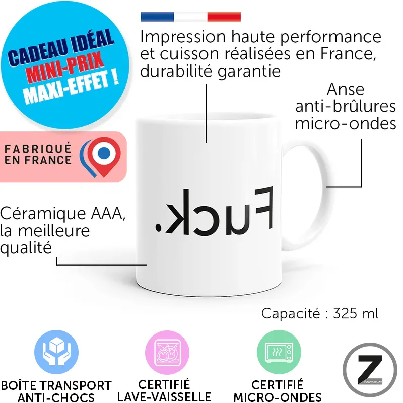 White ceramic mug with French callouts highlighting features: high‑quality print, microwave/heat resistance, 325 ml capacity, made in France.
