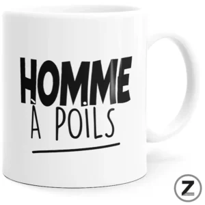 White mug featuring the black French slogan 'Homme à poils' with a curved underline.