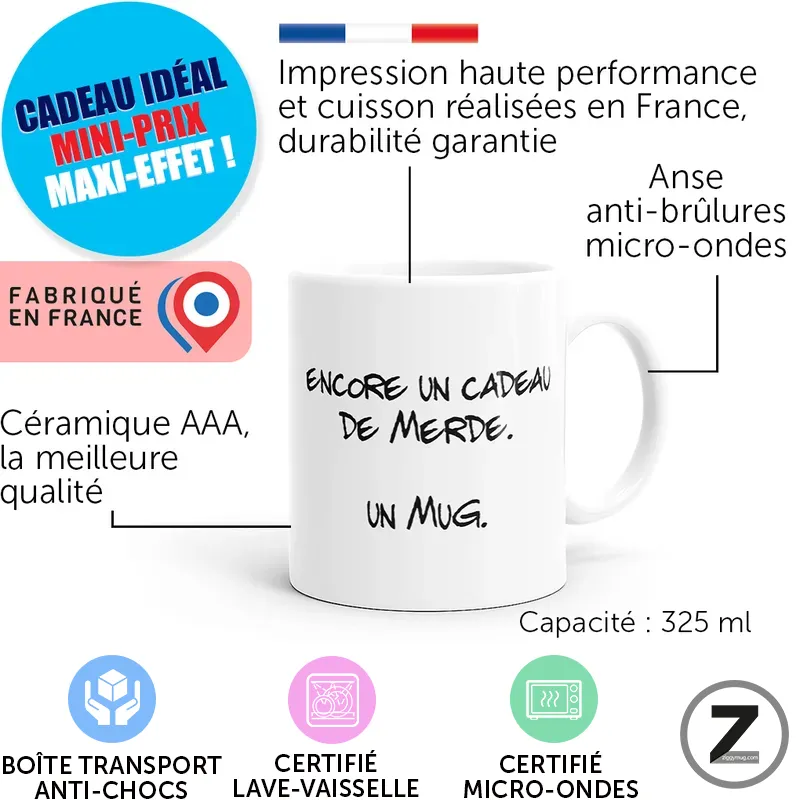 Infographic about a ceramic mug: 325 ml capacity, made in France, dishwasher and microwave safe, high‑quality material, anti‑burn handle.
