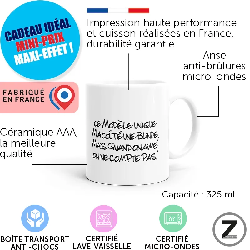 Mug blanc présentant les caractéristiques du produit: fabrication en France, céramique AAA, capacité 325 ml et anse anti-brûlures, impression durable en France.