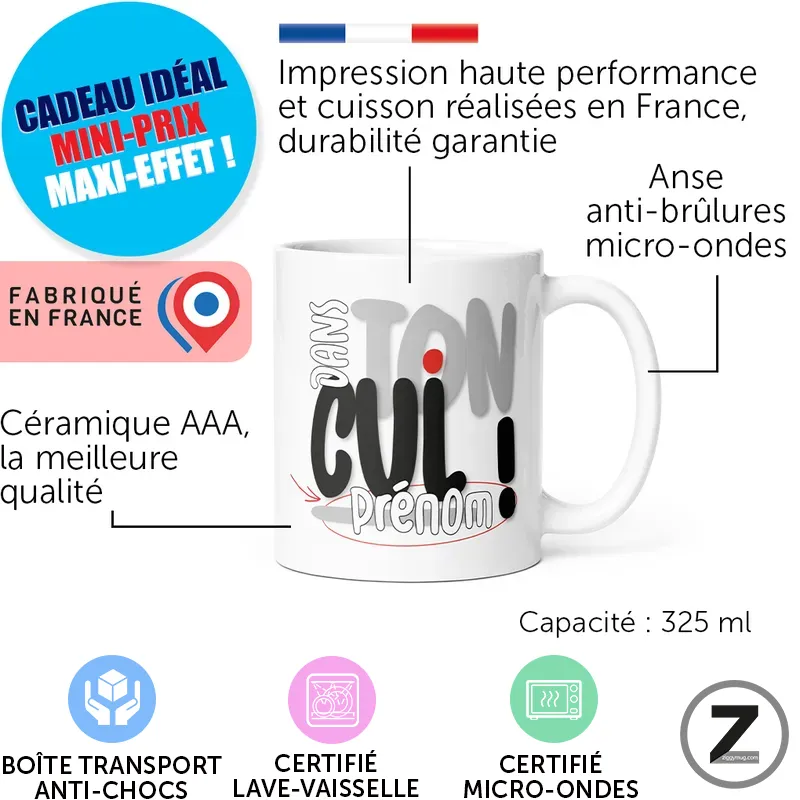 Mug blanc avec texte amusant et icônes: capacité 325 ml, fabriqué en France, certification lave-vaisselle et micro-ondes, emballage illustré en bas.