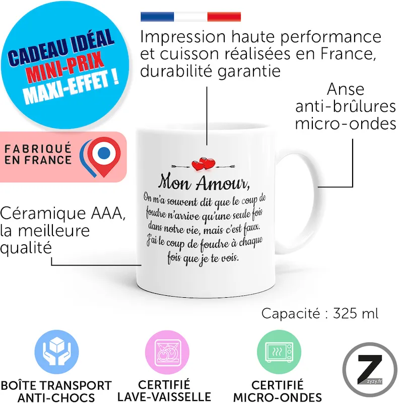 Mug amour, tirade coup de foudre, cadeau original, Mug homme, femme, Saint Valentin