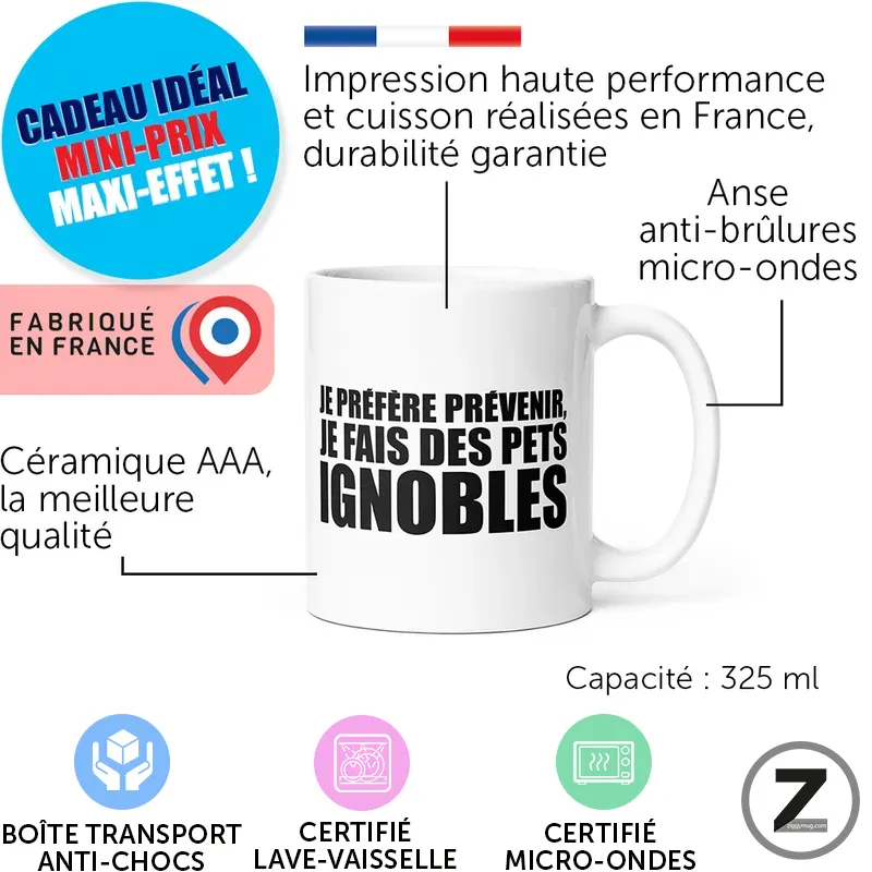 White ceramic mug with a bold black slogan, labeled as 325 ml capacity, made in France with high‑quality AAA ceramic and microwave–safe handle.