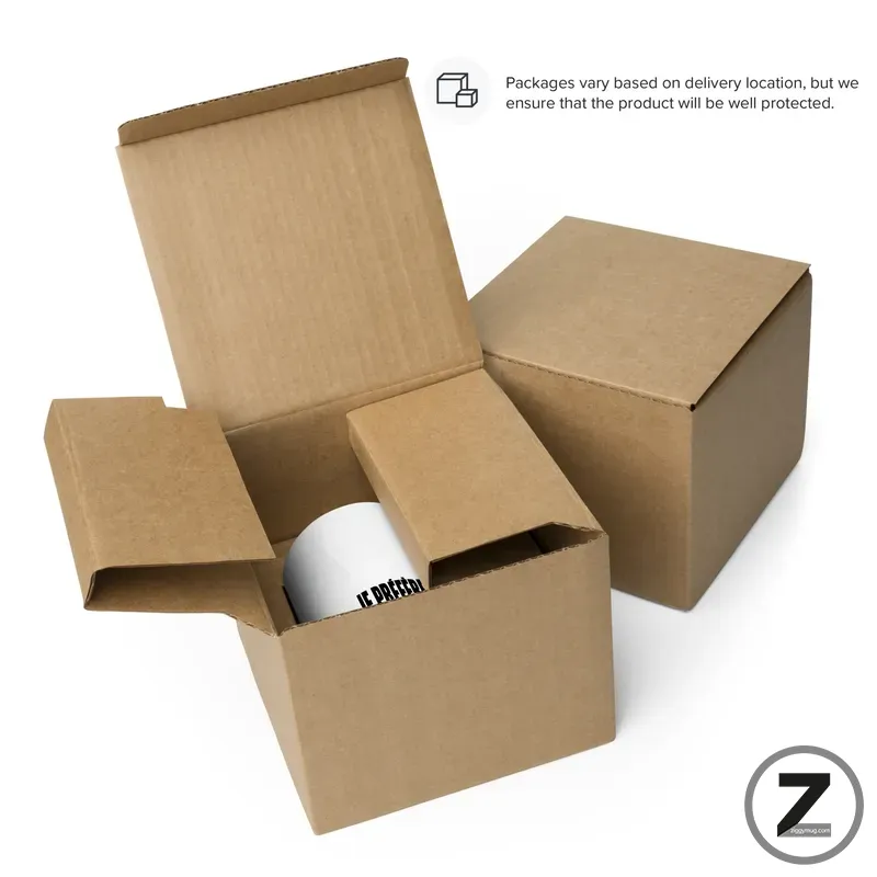 Open cardboard box with a white cylindrical item inside, surrounded by two closed boxes on a white background.