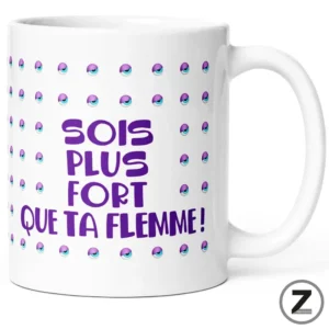 White mug featuring a purple French motto 'Sois plus fort que ta flemme!' with rows of tiny eye icons around the text.