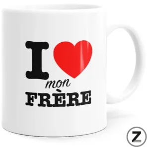 White ceramic mug with the black text 'I ❤️ mon frère' and a red heart on the side, conveying 'I love my brother.'