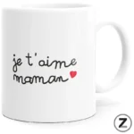White mug featuring a handwritten French phrase 'je t'aime maman' with a small red heart, on a plain background R.