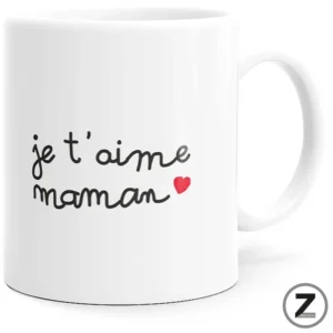 White mug featuring a handwritten French phrase 'je t'aime maman' with a small red heart, on a plain background R.