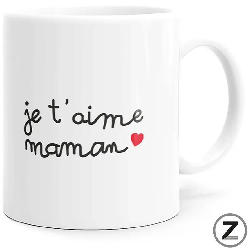 White mug featuring a handwritten French phrase 'je t'aime maman' with a small red heart, on a plain background R.