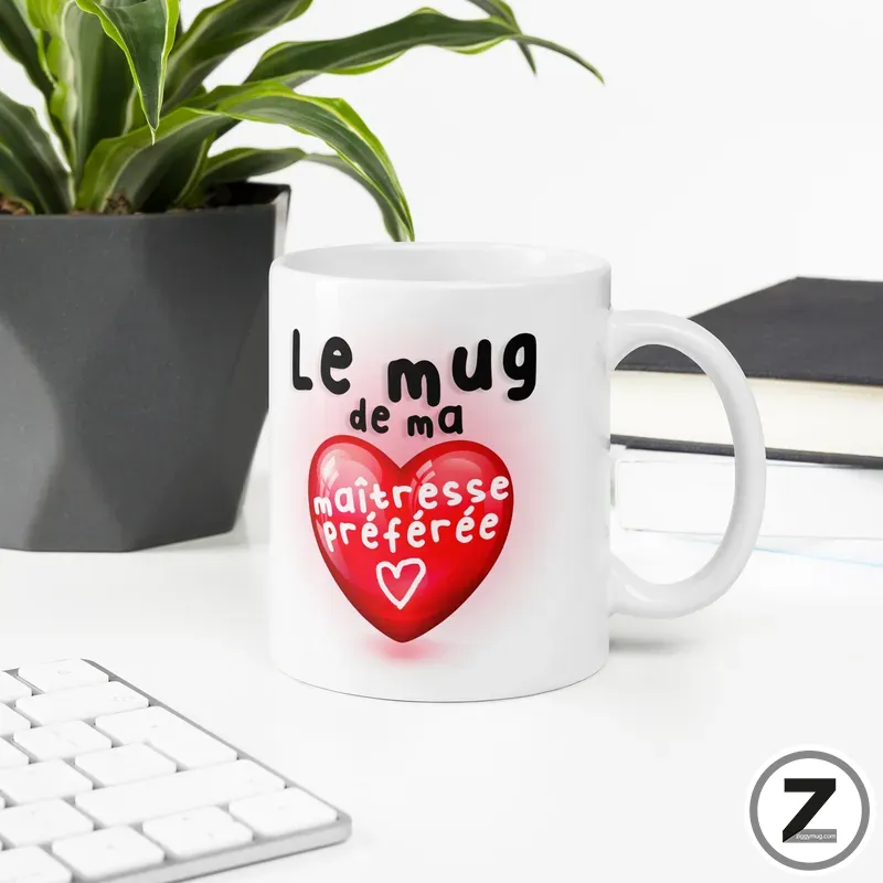 White mug on a desk with a red heart and French text: 'Le mug de ma maîtresse préférée' beside a plant and keyboard in a bright workspace.