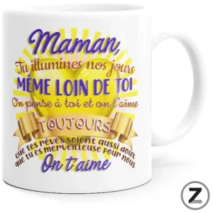 Mug with a bright yellow sunburst and a French message: 'Maman, Tu illumines nos jours... On t'aime'