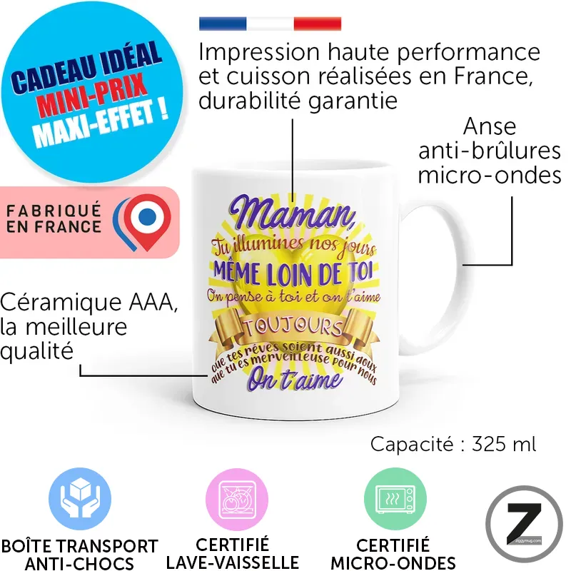 Informational infographic describing a ceramic mug: French text design, made in France, high‑quality print, microwave‑safe handle, 325 ml capacity, with badges like 'Fabriqué en France'.