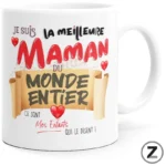 Mug featuring French slogan: 'Je suis la meilleure maman du monde entier' with red hearts and decorative text.